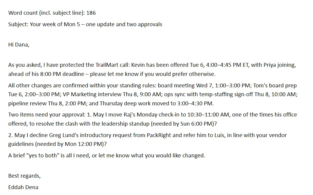 The email to the CEO: the TrailMart call is protected, the other changes are confirmed, and two items need her approval