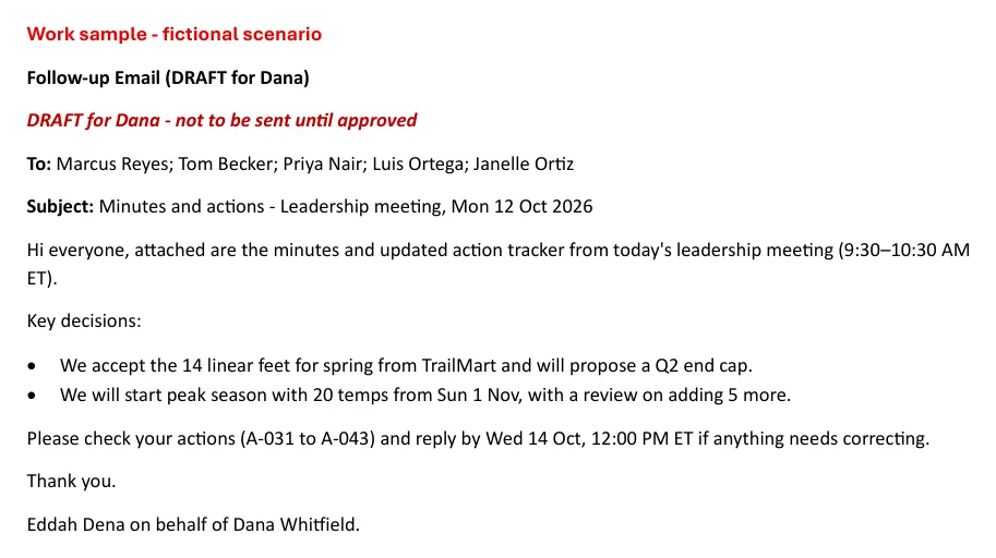 Draft follow-up email to the leadership team, marked as not to be sent until approved
